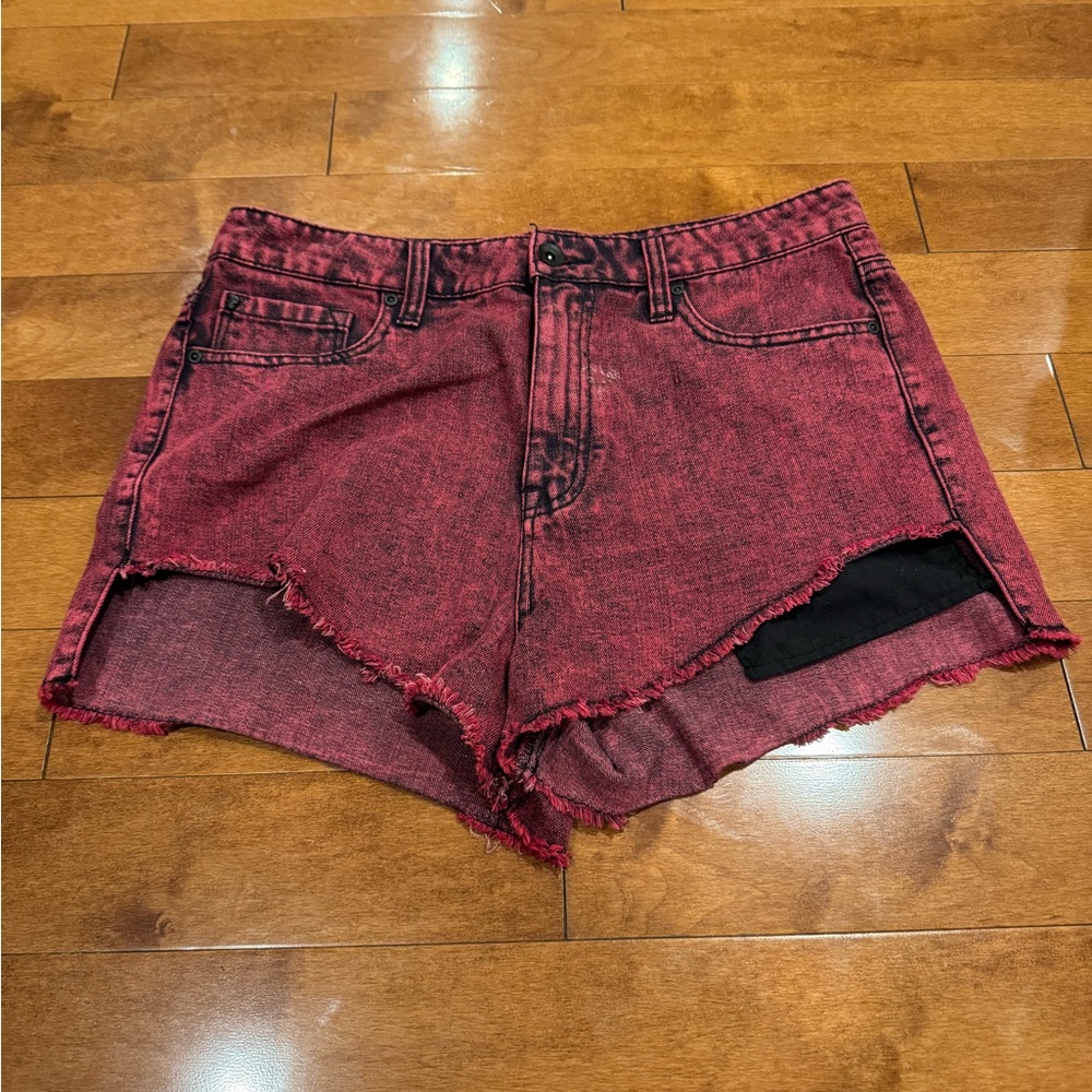 Lovesick Red Jean Shorts with Frayed Hem